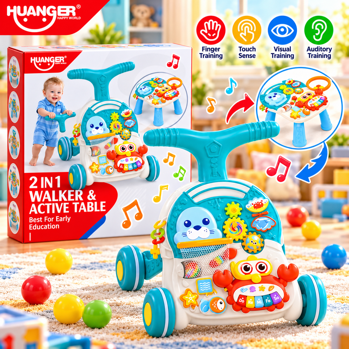 Huanger 2-in-1 Baby Walker & Activity Table - Teal - Ages 12M+