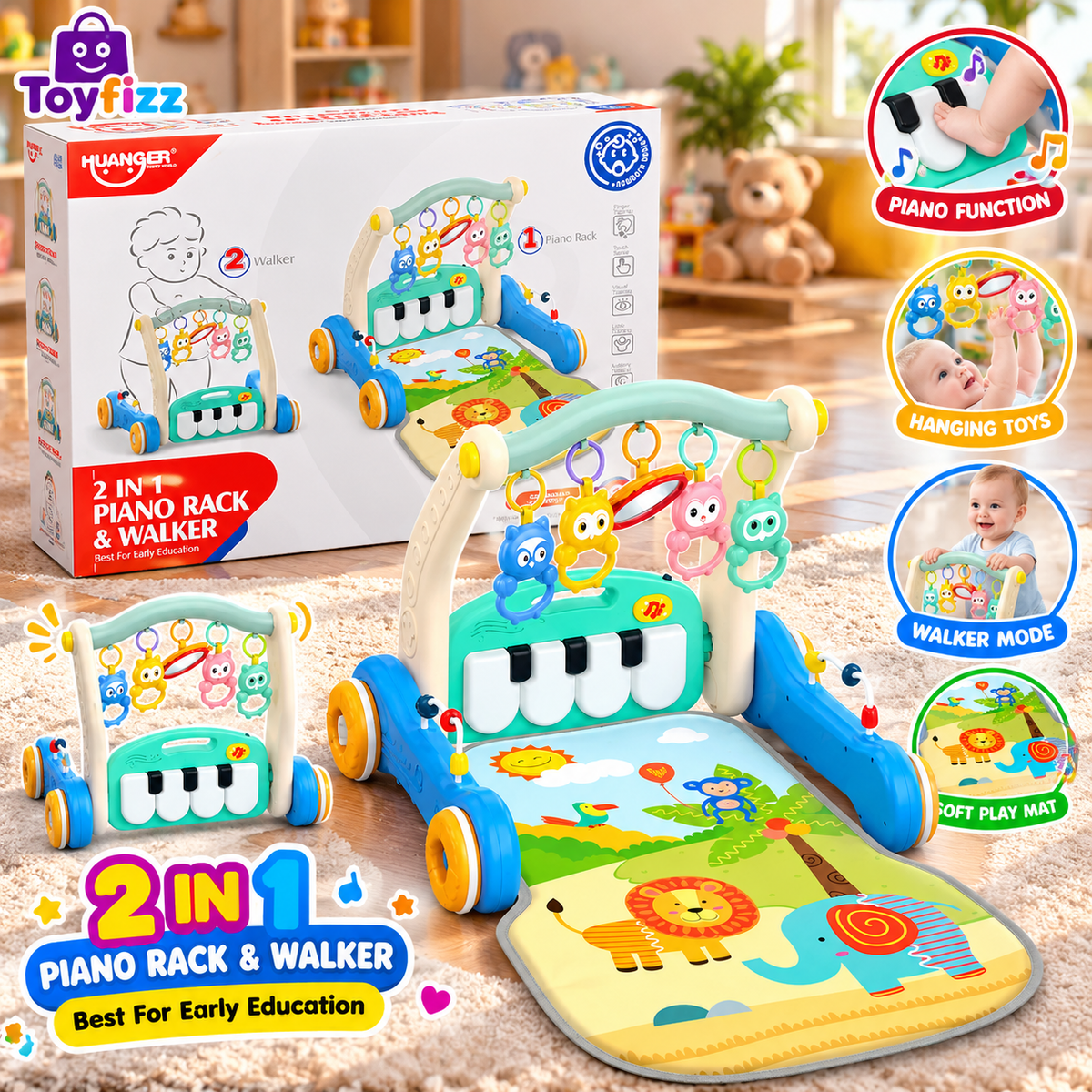 Huanger 2-in-1 Piano Play Gym & Walker - Blue - Ages 0M+