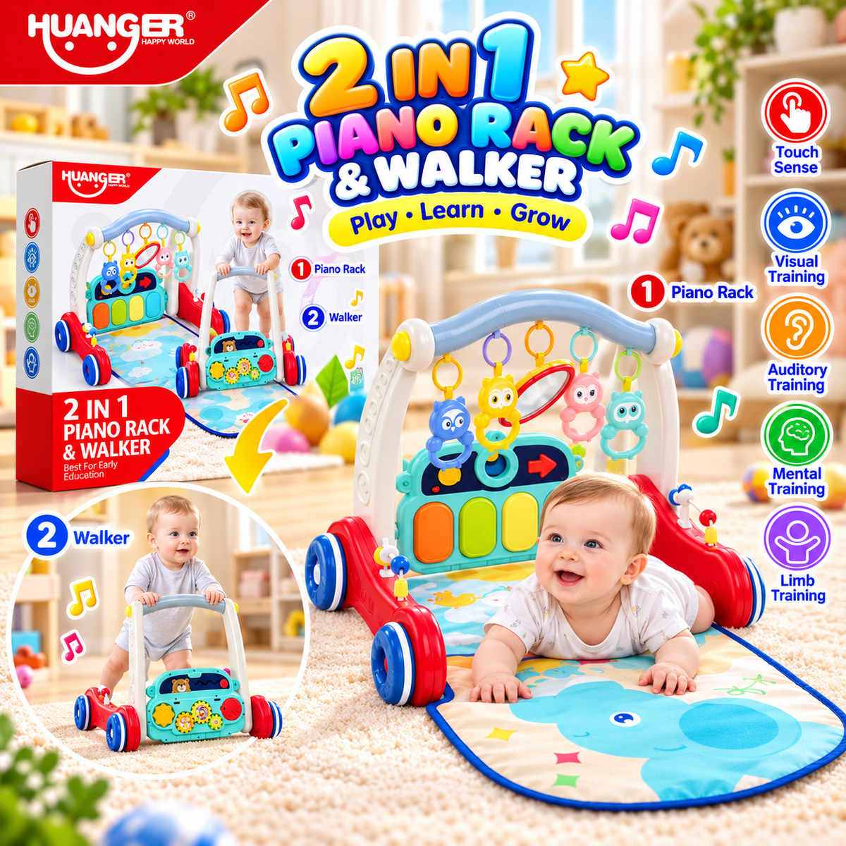 Huanger 2-in-1 Piano Rack & Baby Walker - Ages 0M+
