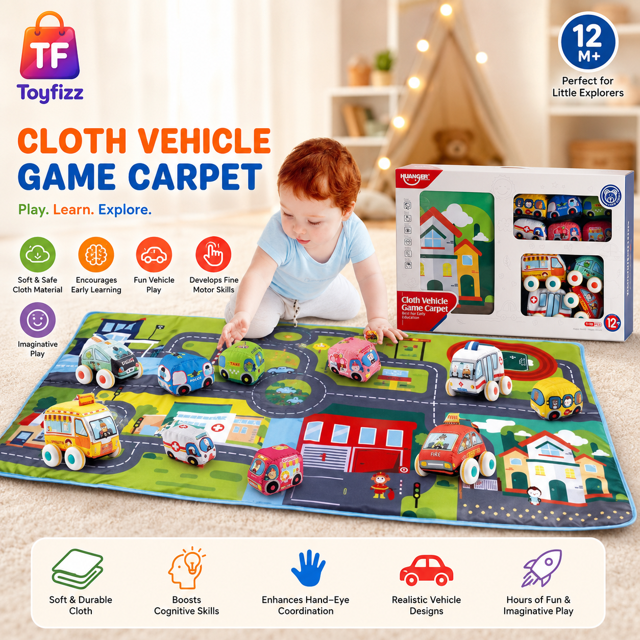 Huanger 3-in-1 Soft Vehicle Playset with Play Mat - Ages 12M+