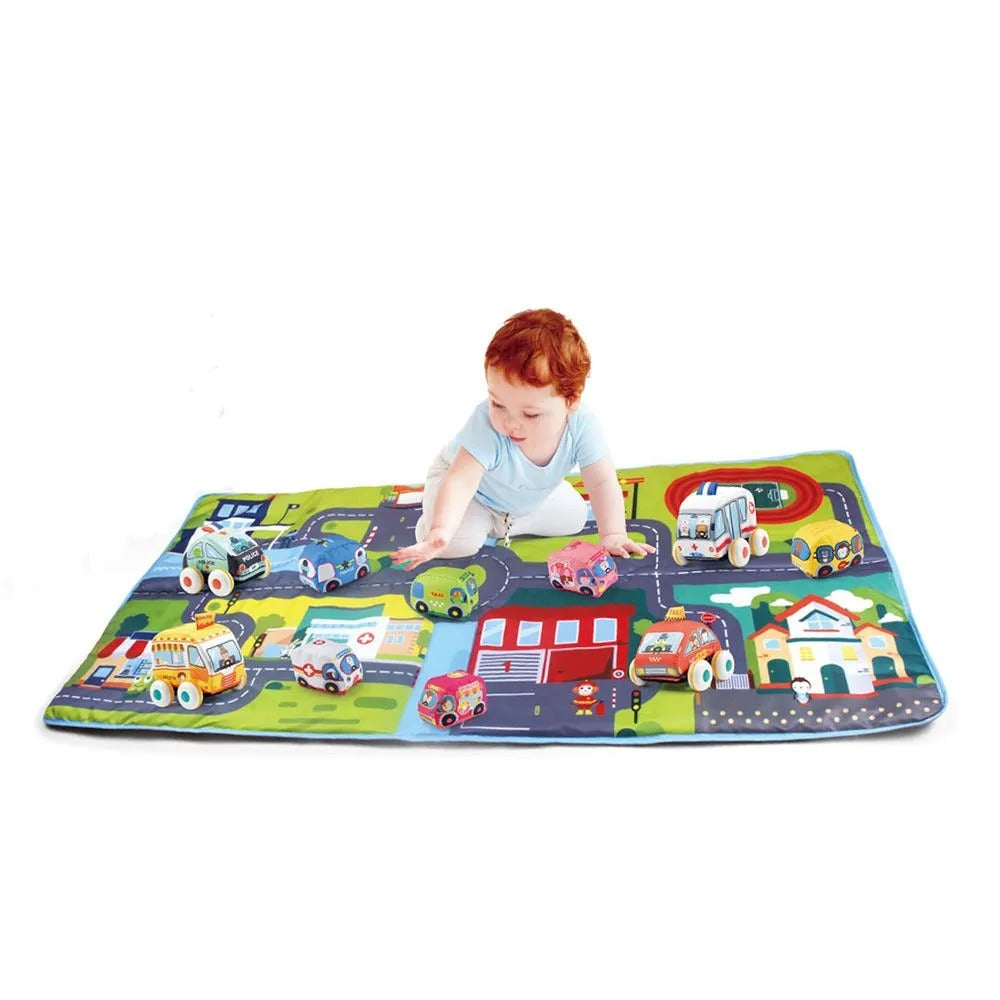Huanger 3-in-1 Soft Vehicle Playset with Play Mat - Ages 12M+