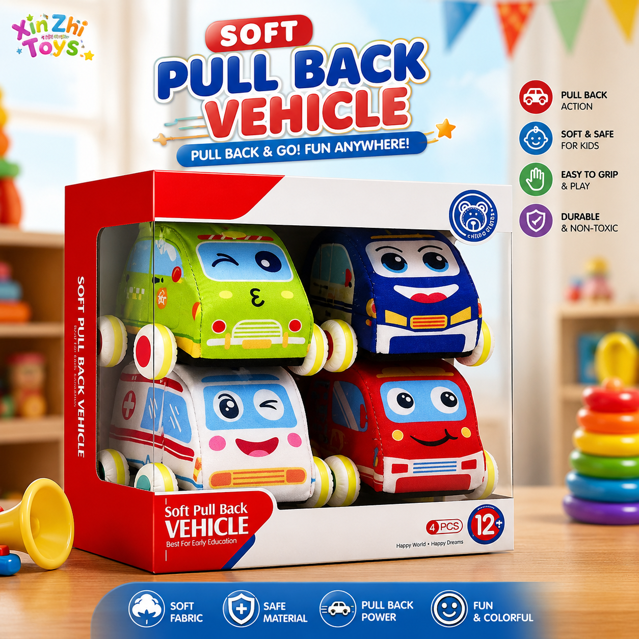 Huanger 4 Piece Baby Cartoon Vehicle Set - Ages 12M+