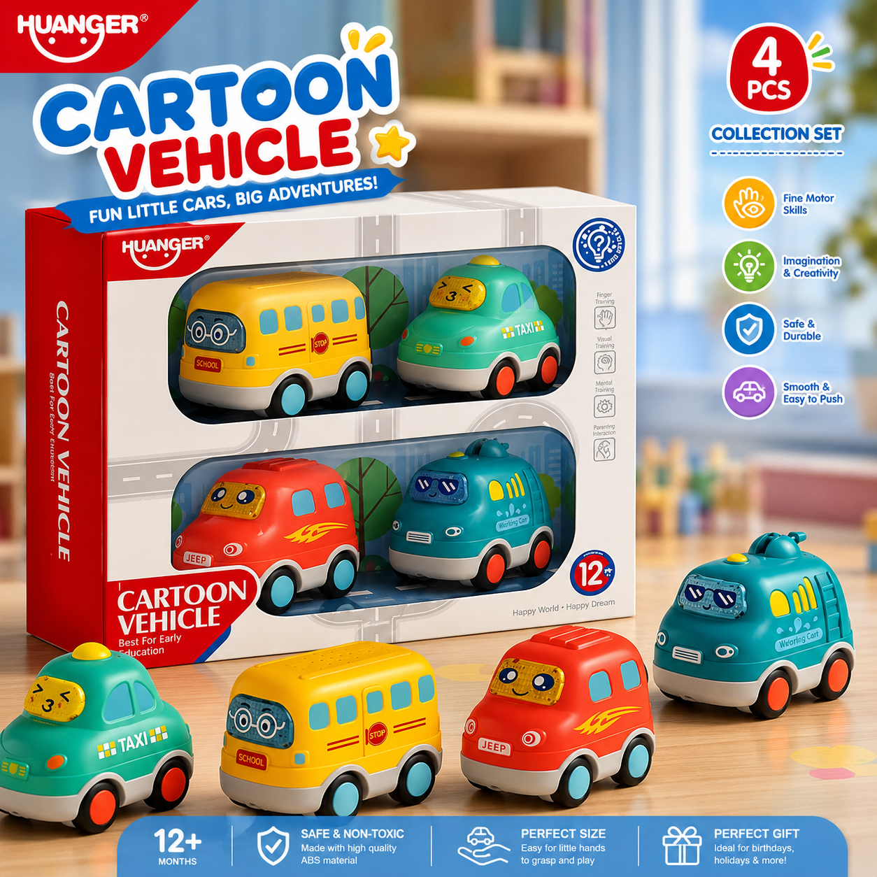 Huanger 4 Piece Musical Cartoon Vehicle Set - Ages 12M+