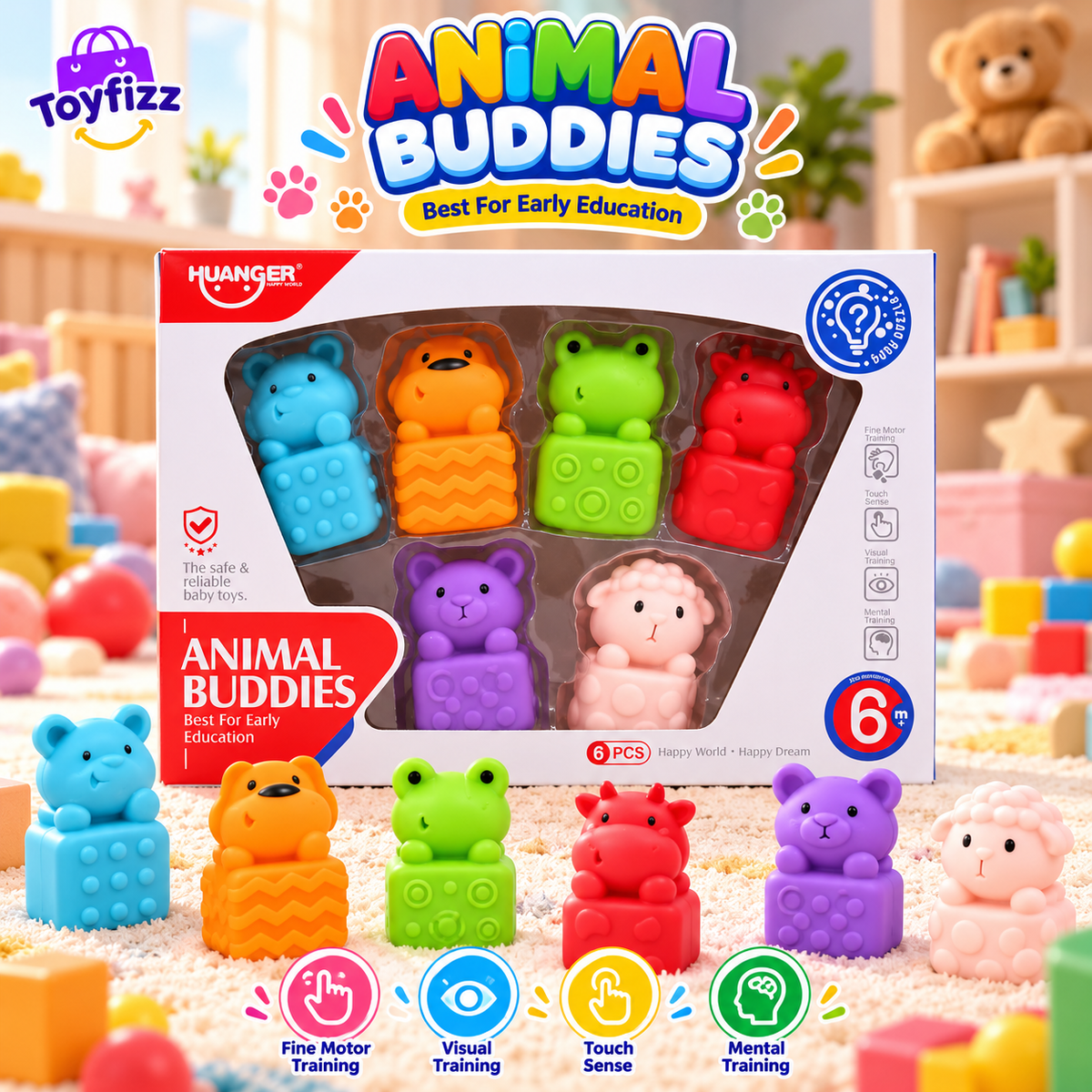 Huanger Animal Buddies Sensory Toys - 6 Piece Set - Ages 6M+
