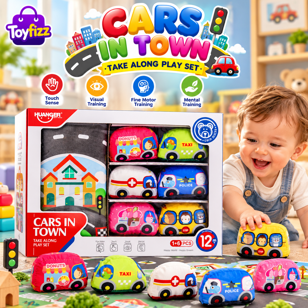 Huanger Cars in Town Play Mat with 6 Soft Cars - Ages 12M+