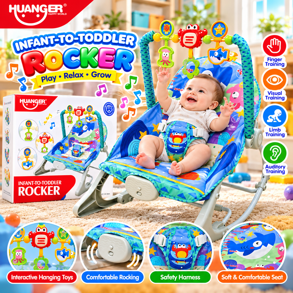 Huanger Infant-to-Toddler Musical Rocker - Blue - Ages 0M+