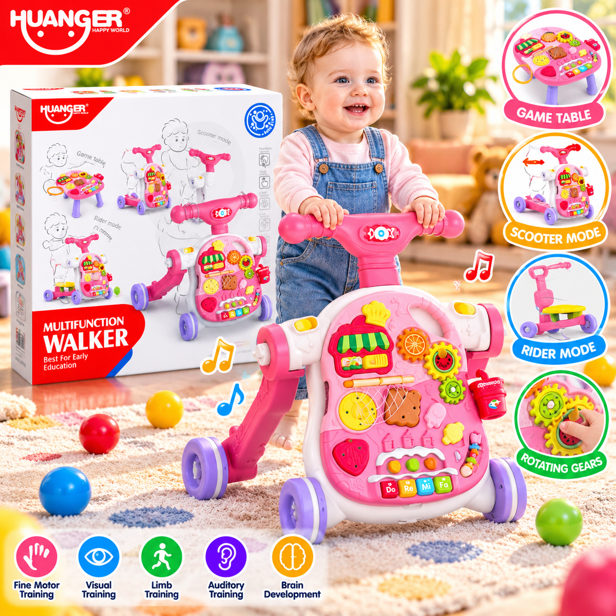Huanger Multifunction 4-in-1 Musical Baby Walker - Pink - Ages 12M+
