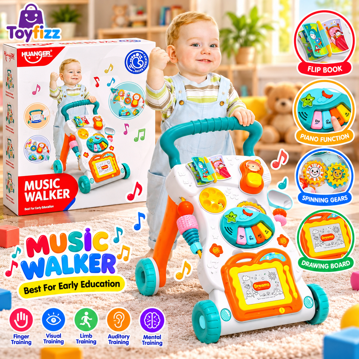 Huanger Musical Activity Baby Walker - Blue - Ages 6M+