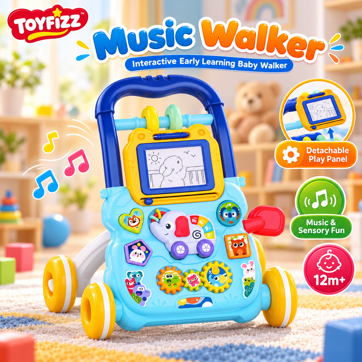 Huanger Musical Baby Walker - Blue - Ages 12M+