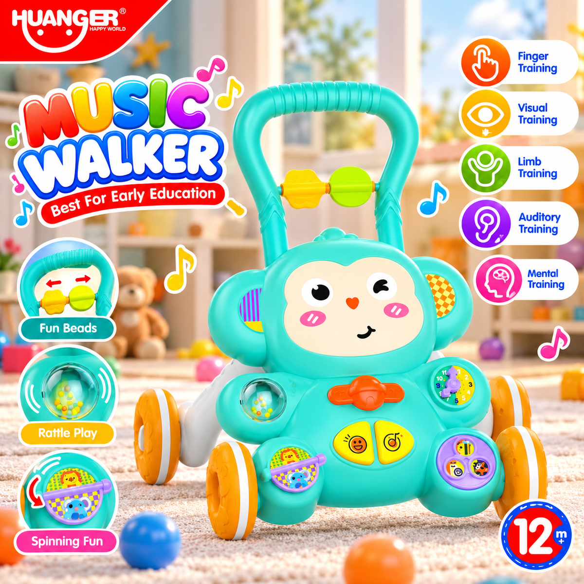 Huanger Musical Baby Walker - Green - Ages 12M+