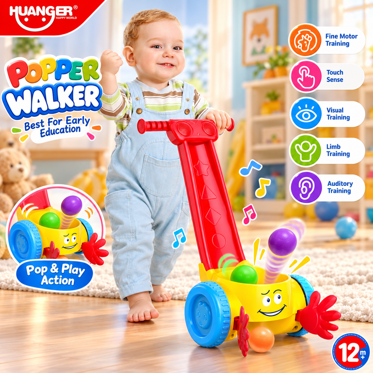 Huanger Popper Push Walker - Red - Ages 12M+
