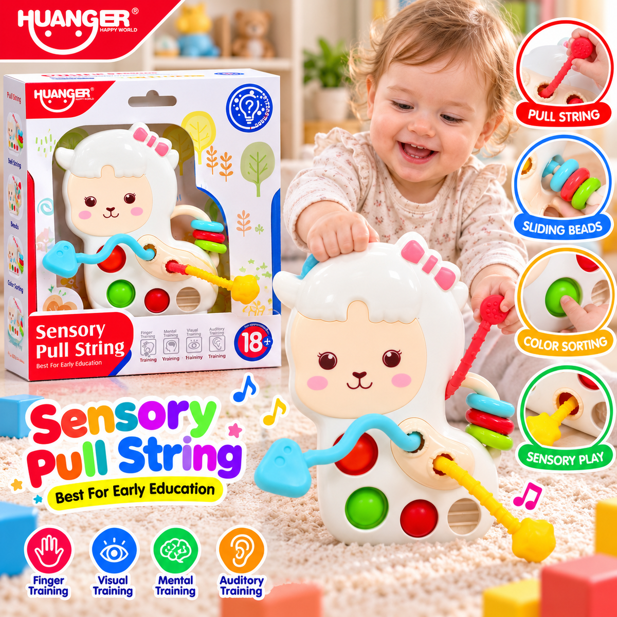 Huanger Sheep Sensory Pull String Toy - Ages 18M+