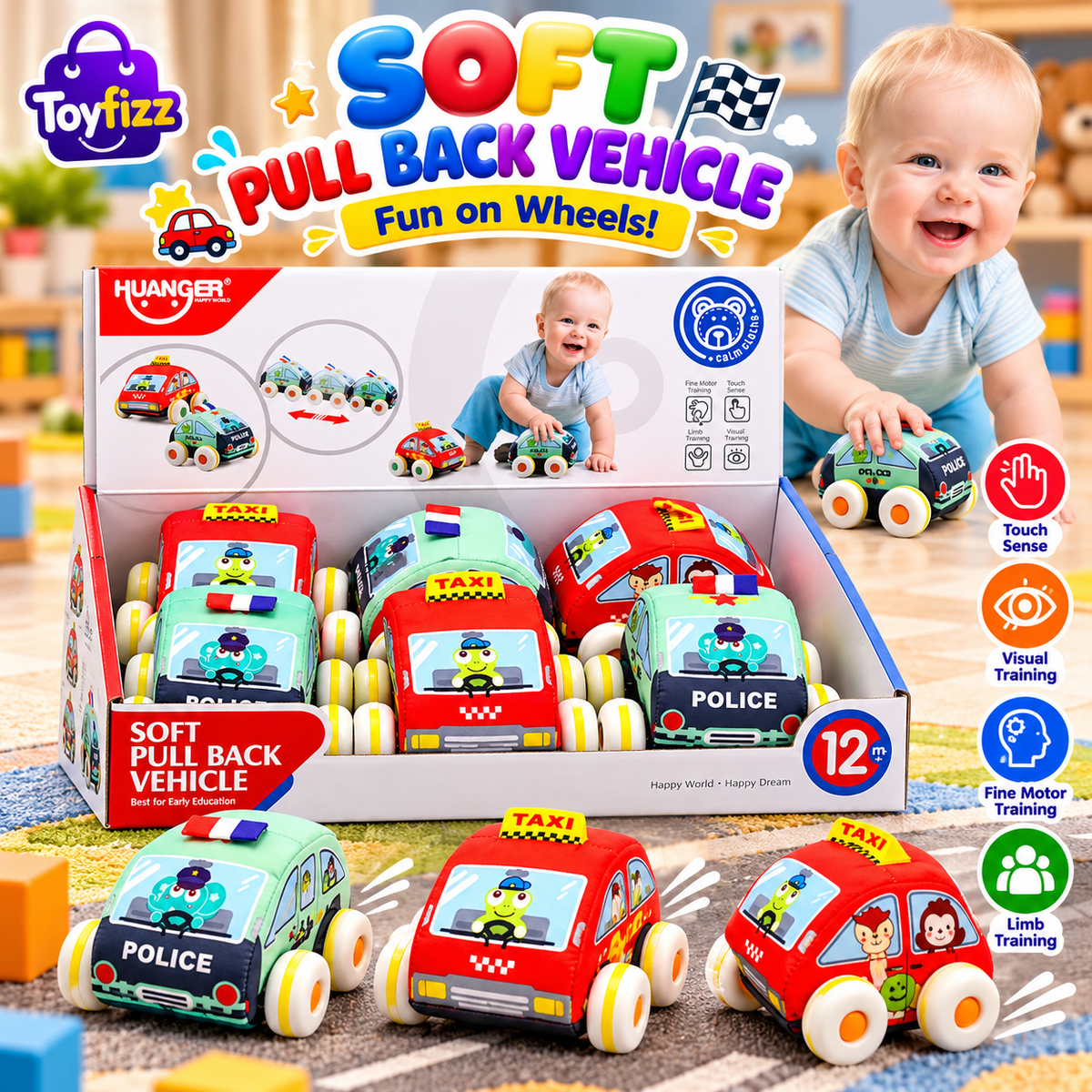 Huanger Soft Pull-Back Toy Cars - 6 Piece Set - Ages 12M+