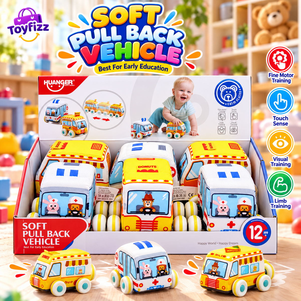 Huanger Soft Pull-Back Toy Vehicles - 6 Piece Set - Ages 12M+