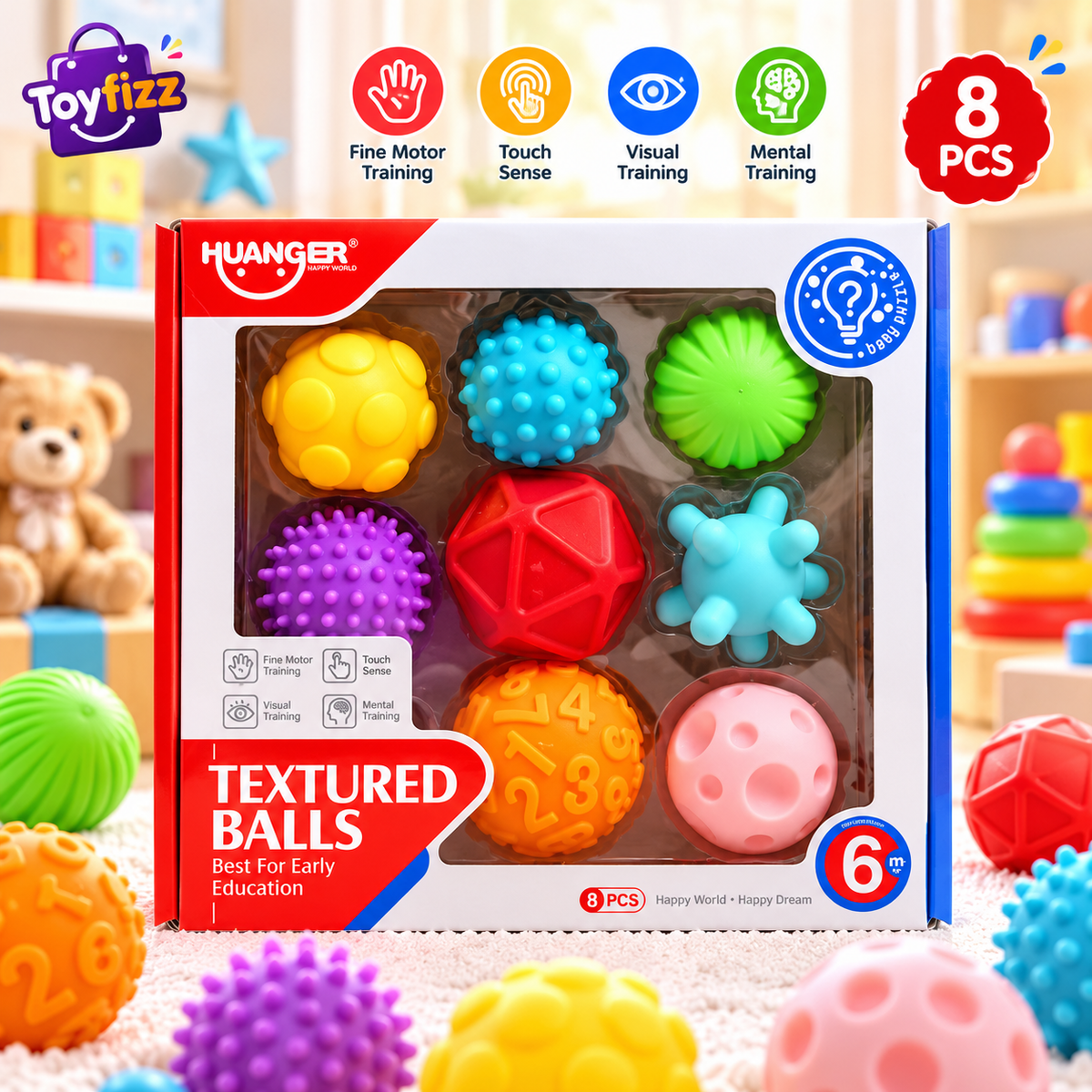 Huanger Textured Sensory Balls - 8 Piece Set - Ages 6M+