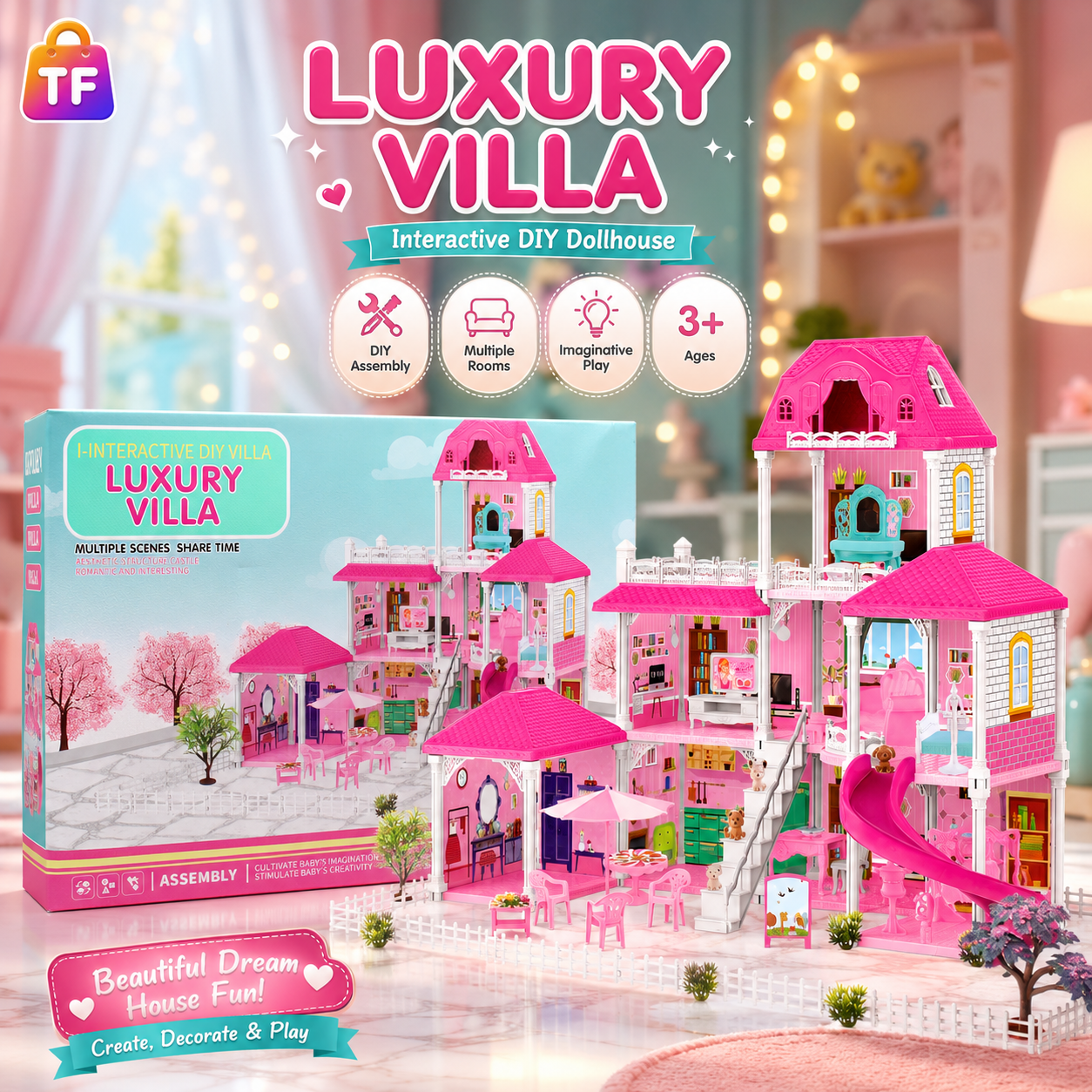 Interactive DIY Luxury Villa Dollhouse Playset - Ages 3+