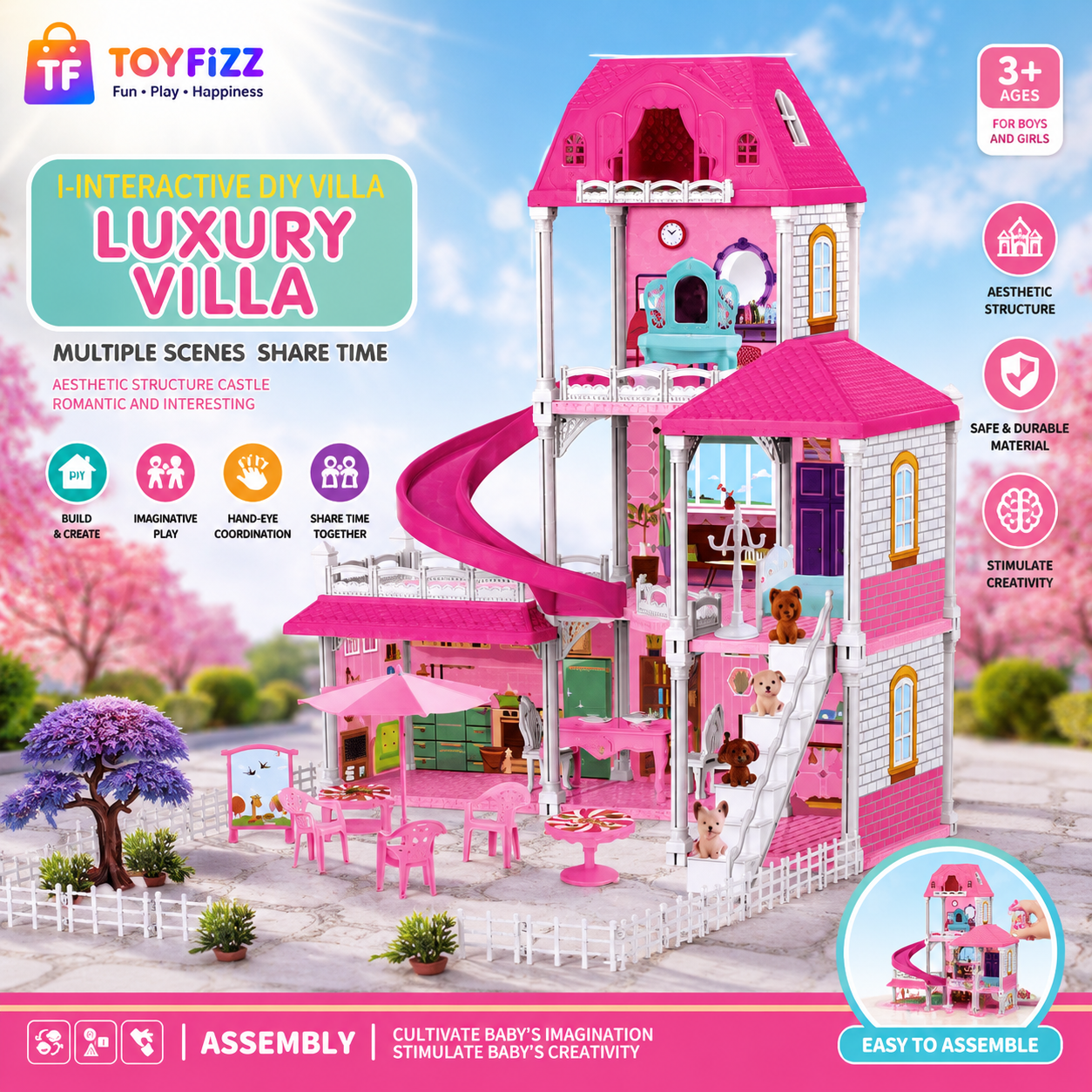 Interactive DIY Luxury Villa Dollhouse with Spiral Slide - Ages 3+