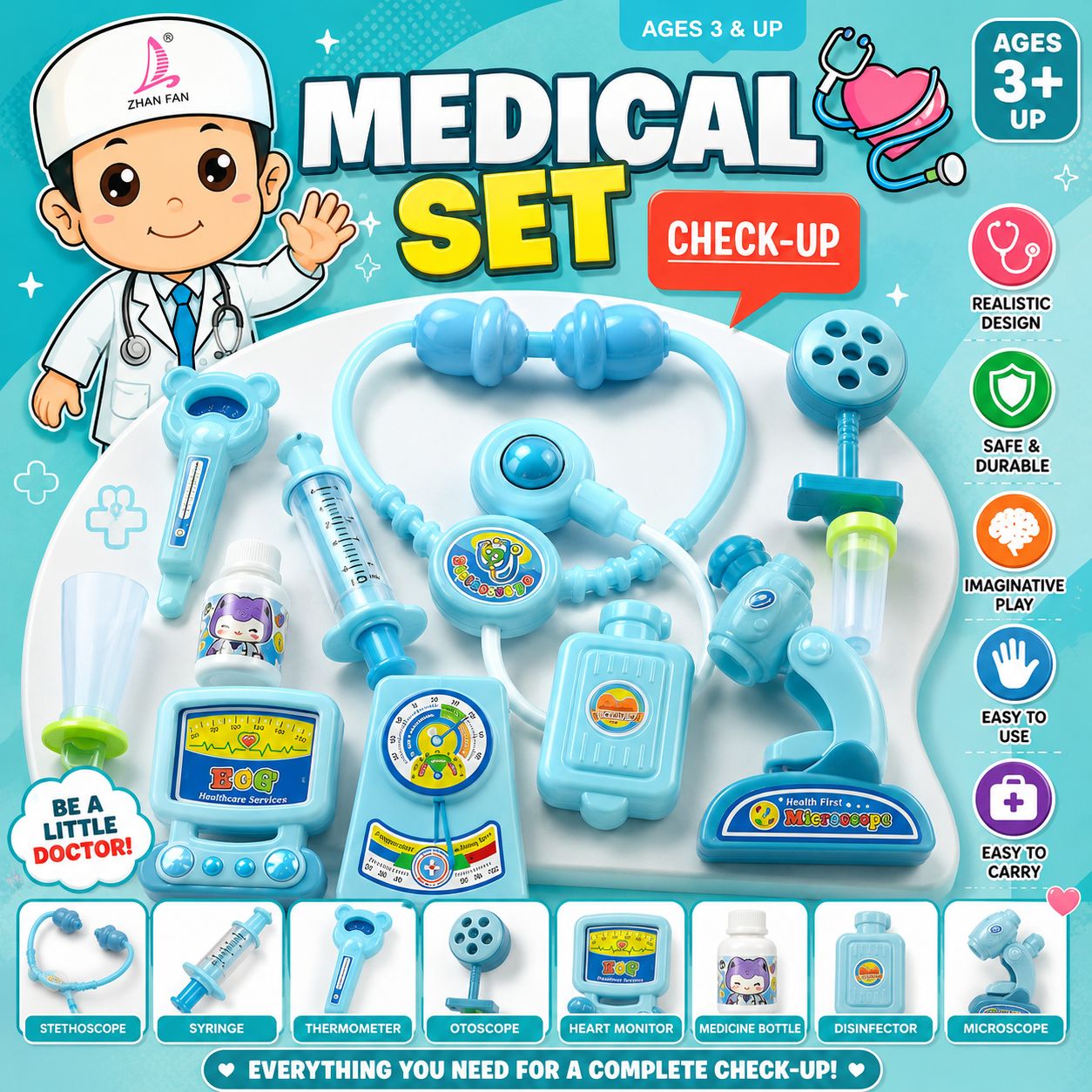 Kids Doctor Playset with Medical Tools - Blue - Ages 3+