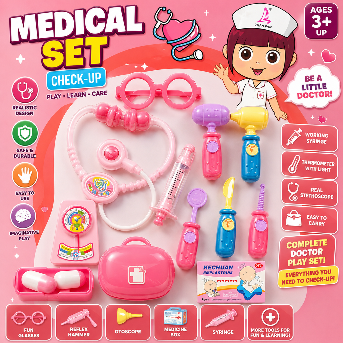 Kids Doctor Playset with Medical Tools - Pink - Ages 3+