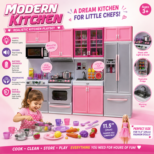Large Modern Kitchen Playset - Pink - Ages 3+