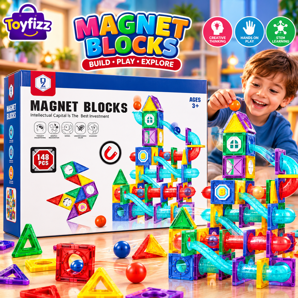 Magnetic Building Blocks Set - 148 Pieces - Ages 3+