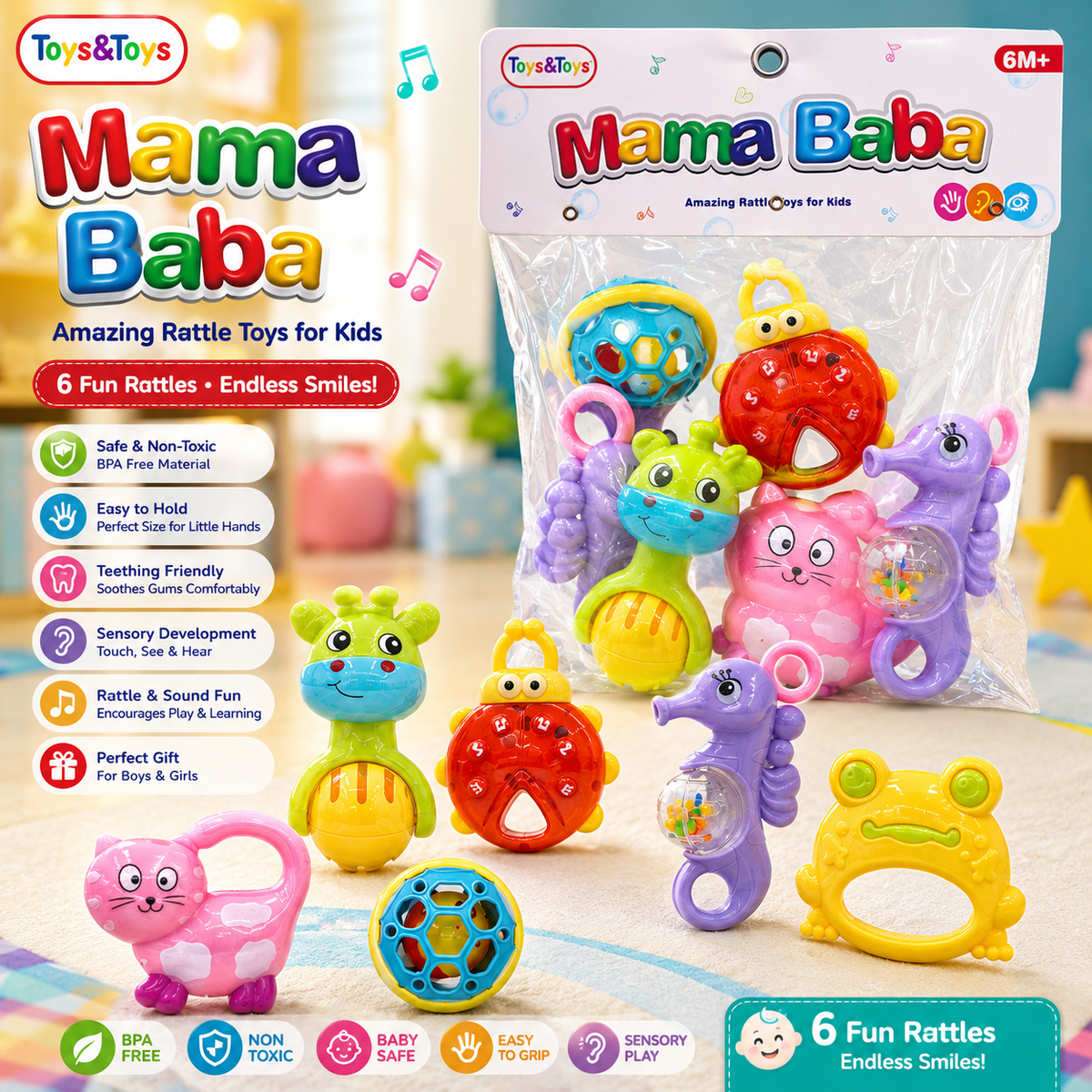 MamaBaba 6 Piece Baby Rattle Set | Toys & Toys