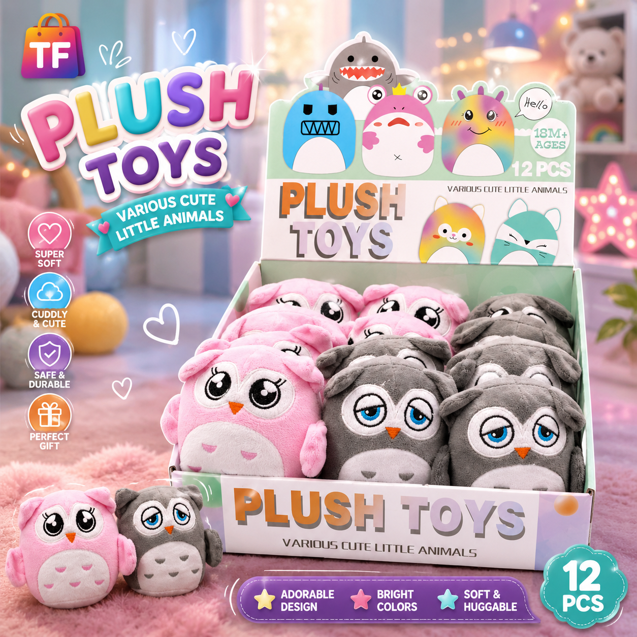 Mini Plush Owl Toy - Assorted Colors - Ages 18M+