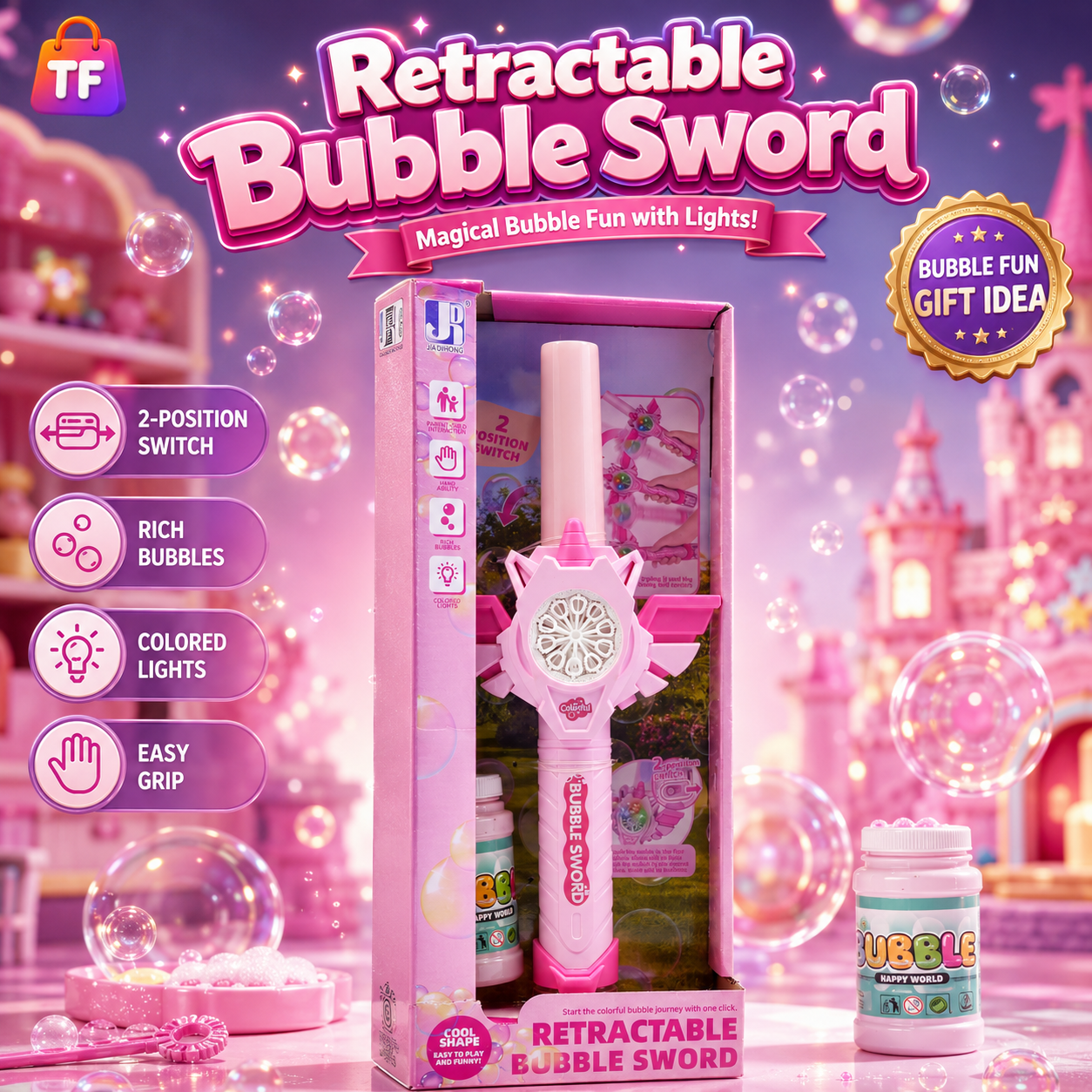 Musical Retractable Bubble Sword - Pink - for Kids