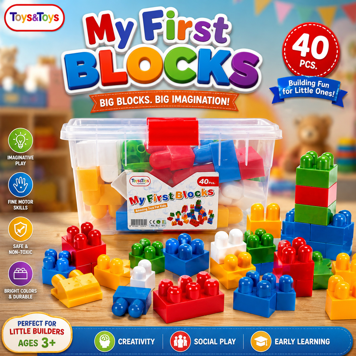 My First Blocks 40 Piece Building Blocks Bucket | Toys & Toys