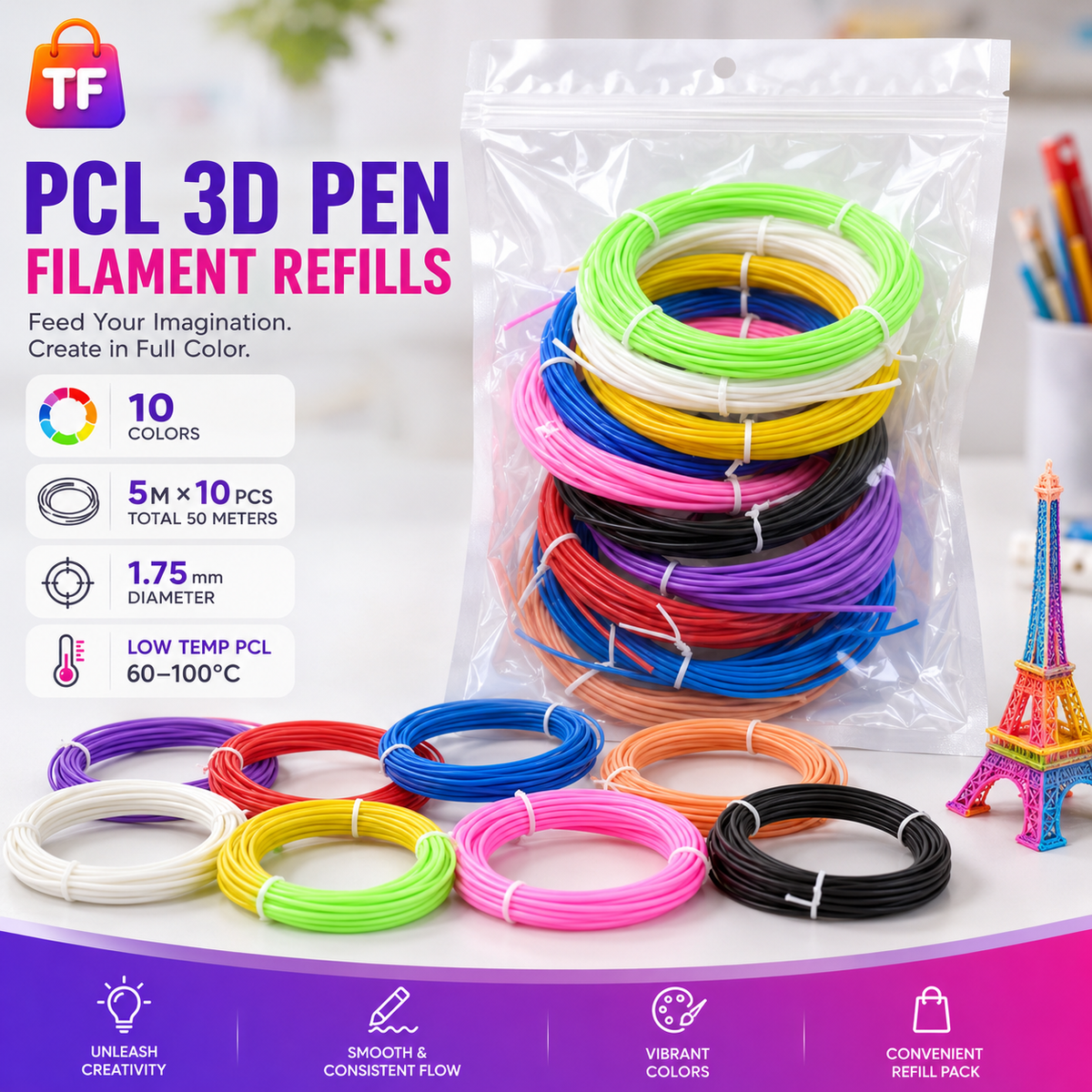 PCL 3D Pen Filament Refill Set - 11 Pieces, 5 Metres Each - Assorted Colors