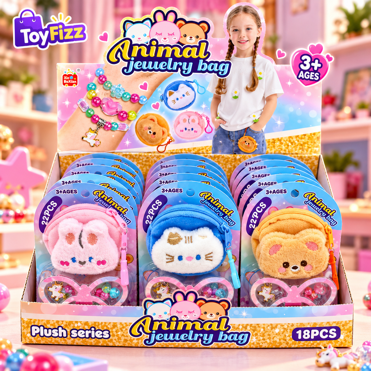 Plush Animal Bag with Beaded Strap - Assorted Designs