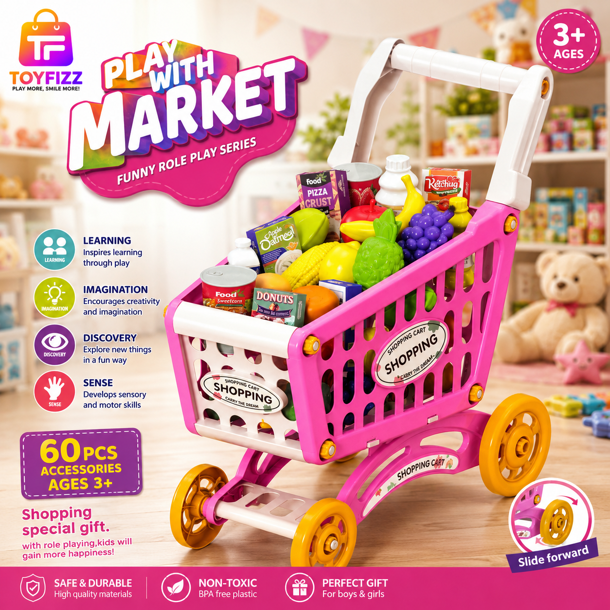 Pretend Play Market Shopping Trolley - Pink - for Kids