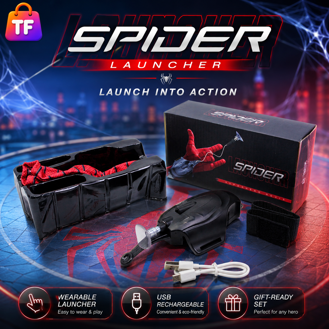 Rechargeable Spider Wrist Launcher Toy with Suction Cup & USB Charging