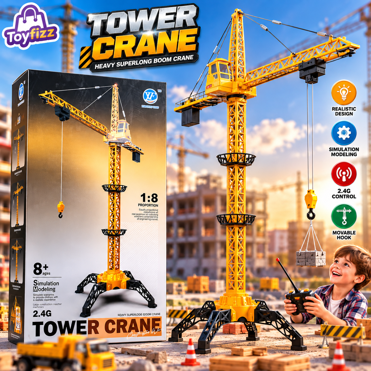 Remote Control Tower Crane 1:8 Scale with USB Cable - Ages 8+