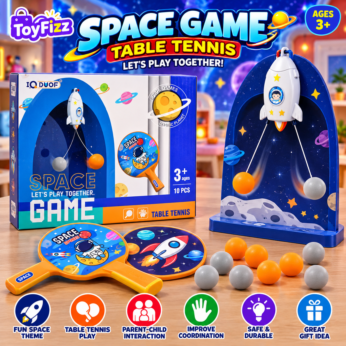 Space-Themed Racket Ball Game Set - Ages 3+