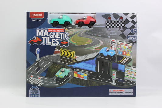 Xinbida Racing Track Magnetic Tiles Car Playset - 36 Pieces - Blue - Ages 3+