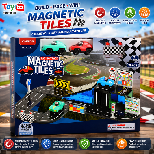 Xinbida Racing Track Magnetic Tiles Car Playset - 36 Pieces - Blue - Ages 3+