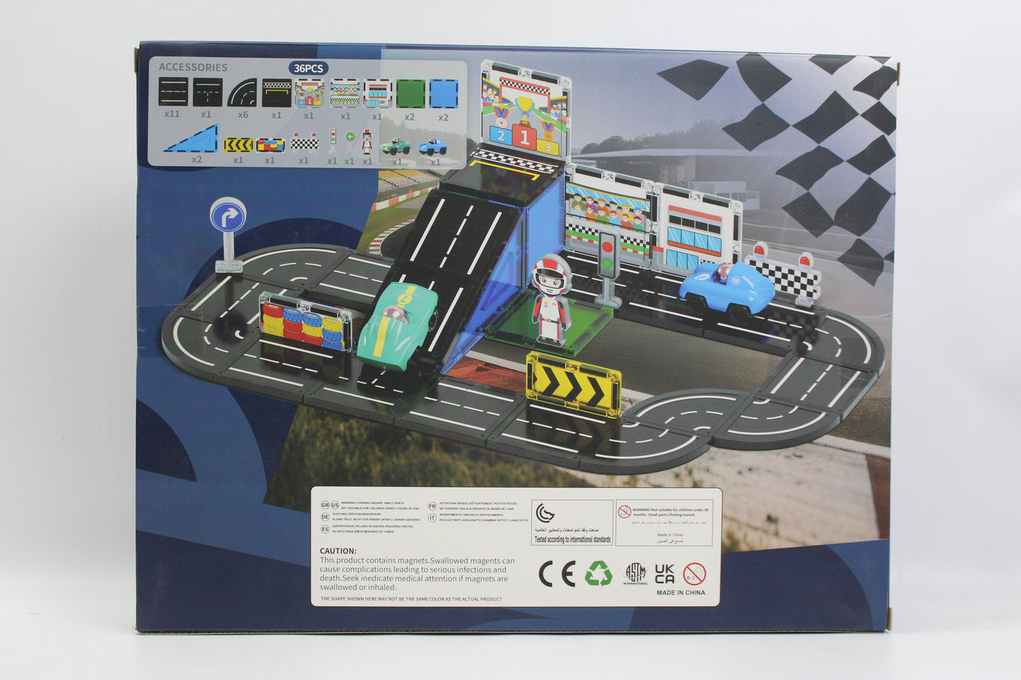 Xinbida Racing Track Magnetic Tiles Car Playset - 36 Pieces - Blue - Ages 3+