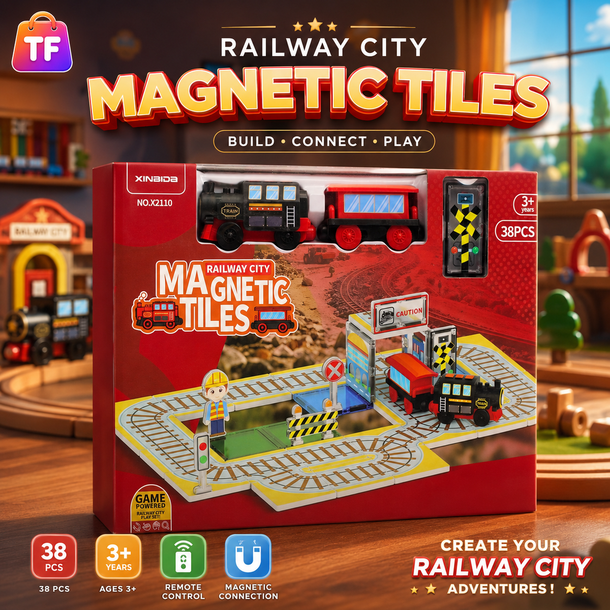 Xinbida Railway City Magnetic Tiles Train Track Set - 38 Pieces - Red - Ages 3+