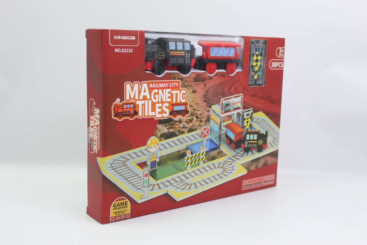 Xinbida Railway City Magnetic Tiles Train Track Set - 38 Pieces - Red - Ages 3+