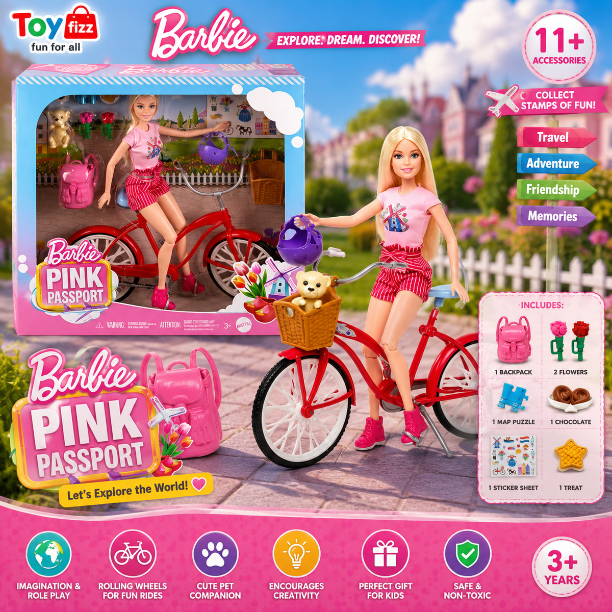 Barbie Pink Passport Bicycle Doll Playset