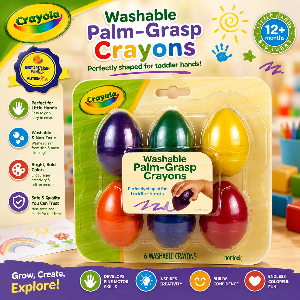 Crayola My First Washable Palm-Grasp Crayons - 6 Count - Ages 12M+
