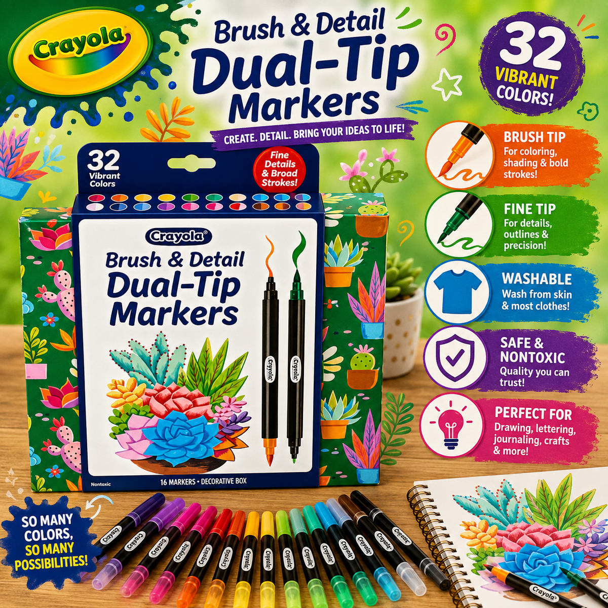 Crayola Signature Brush & Detail Dual-Tip Markers - 16 Count