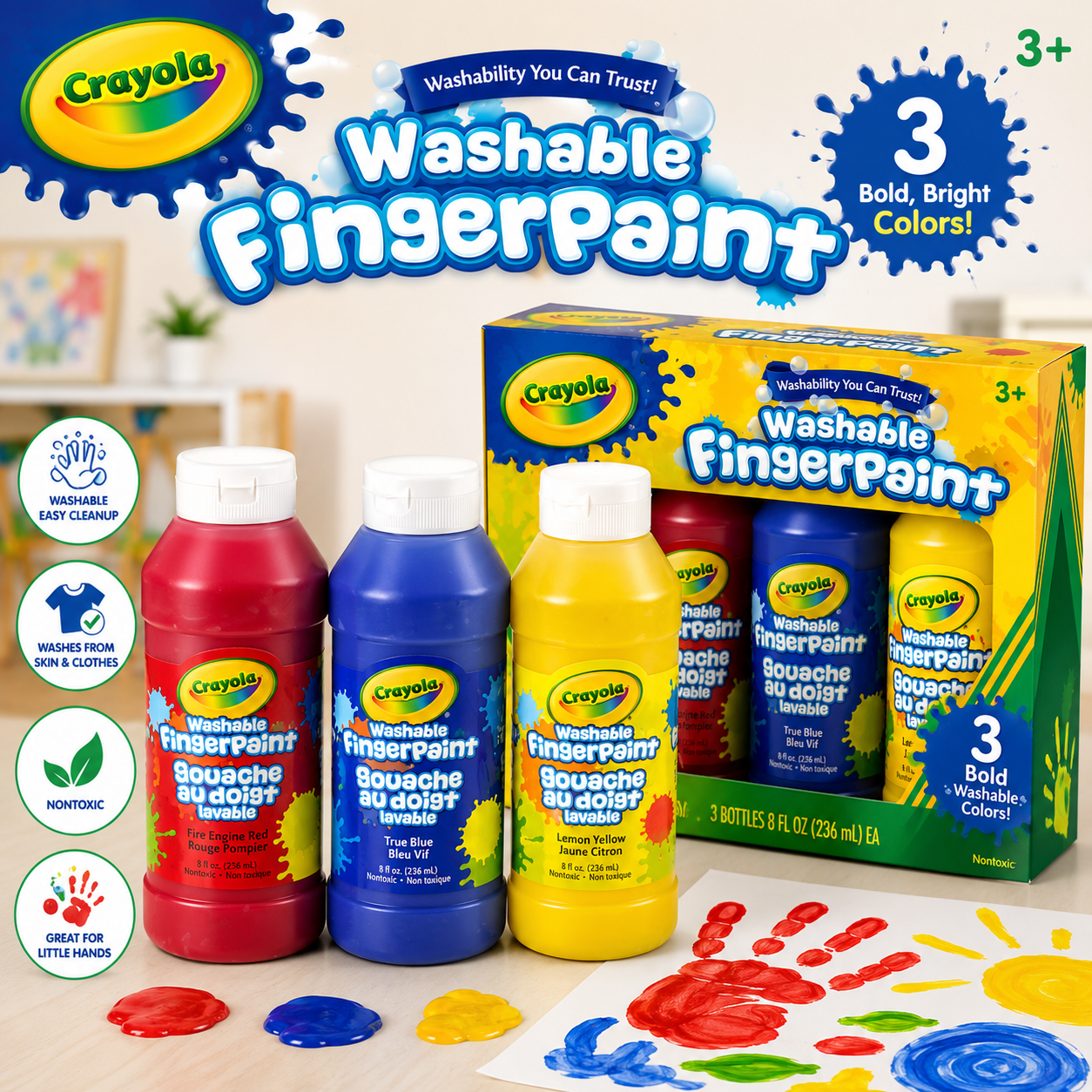Crayola Washable Finger Paints - 3 Tubs, Primary Colors