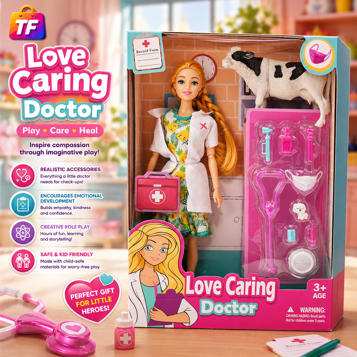 Doctor Fashion Doll with Cow Patient - 11 Inch - Age 3+