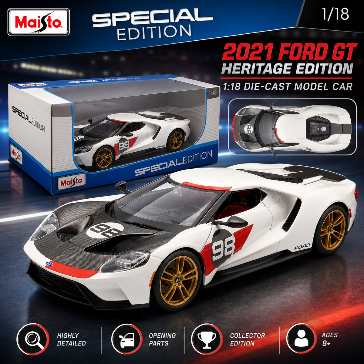 Maisto 1:18 2021 Ford GT Heritage Die-Cast Model