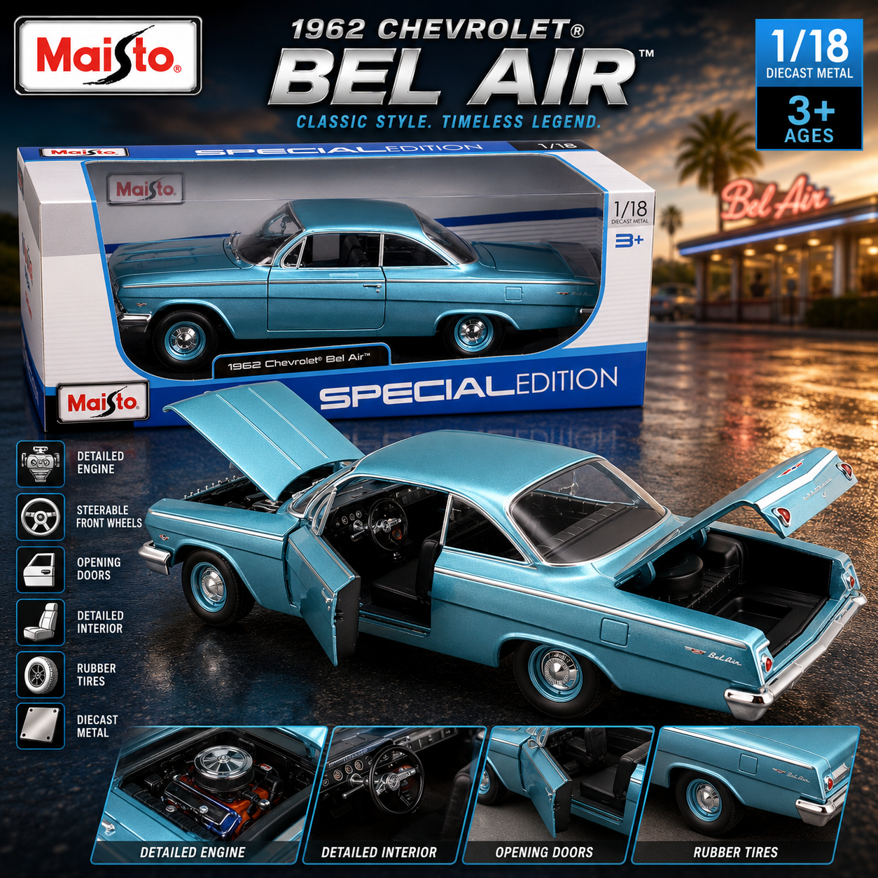 Maisto 1:24 1970 Chevrolet Nova SS Die-Cast Model Blue