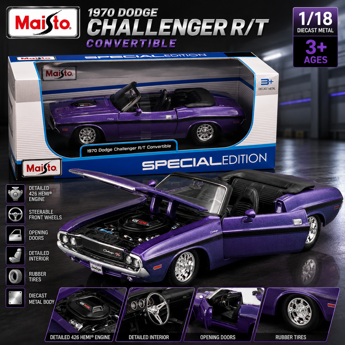 Maisto 1:24 1970 Dodge Challenger Convertible Die-Cast Model