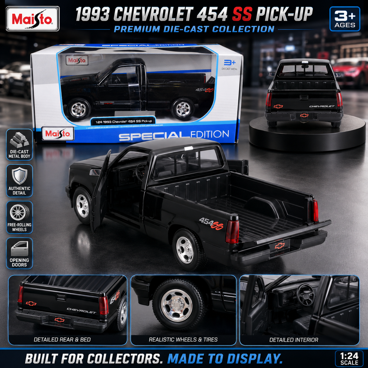 Maisto 1:24 1993 Chevrolet 454 SS Die-Cast Model Black