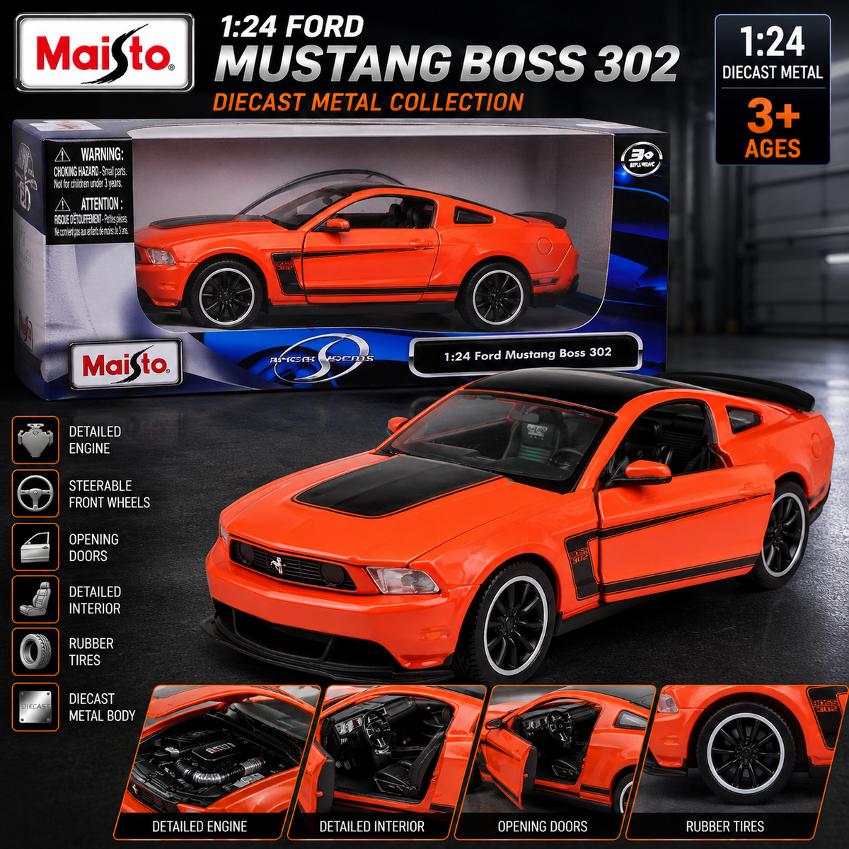 Maisto 1:24 Ford Mustang Boss 302 Die-Cast Model Orange